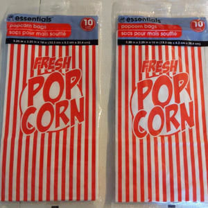(2) 10 pack Essentials Fresh Popcorn Bags 10 count New Sealed Red White Stripe